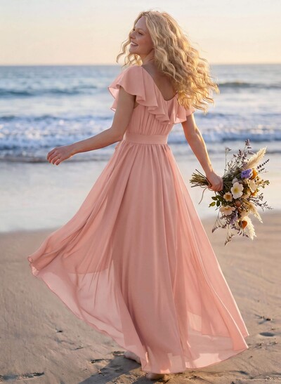 A-Line V-Neck Sleeveless Chiffon Asymmetrical Bridesmaid Dress With Bow(s)