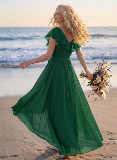 A-Line V-Neck Sleeveless Chiffon Asymmetrical Bridesmaid Dress With Bow(s)