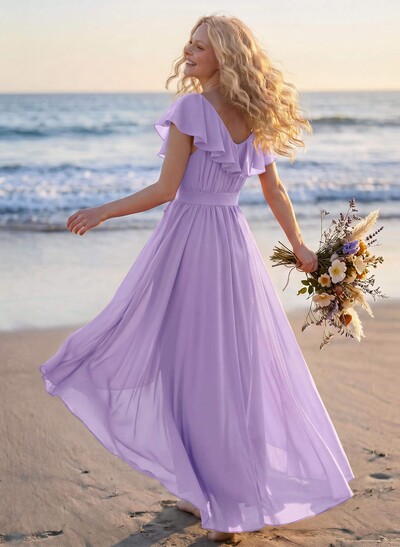 A-Line V-Neck Sleeveless Chiffon Asymmetrical Bridesmaid Dress With Bow(s)