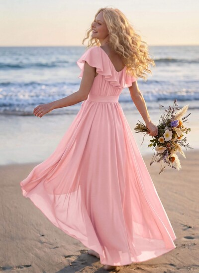 A-Line V-Neck Sleeveless Chiffon Asymmetrical Bridesmaid Dress With Bow(s)