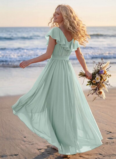 A-Line V-Neck Sleeveless Chiffon Asymmetrical Bridesmaid Dress With Bow(s)