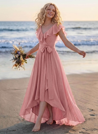 A-Line V-Neck Sleeveless Chiffon Asymmetrical Bridesmaid Dress With Bow(s)