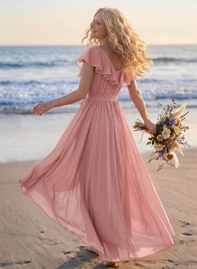 A-Line V-Neck Sleeveless Chiffon Asymmetrical Bridesmaid Dress With Bow(s)
