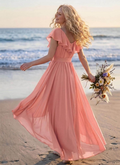 A-Line V-Neck Sleeveless Chiffon Asymmetrical Bridesmaid Dress With Bow(s)