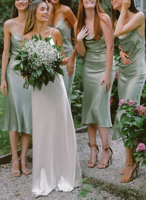 Sheath/Column Cowl Neck Sleeveless Satin Tea-Length Bridesmaid Dress