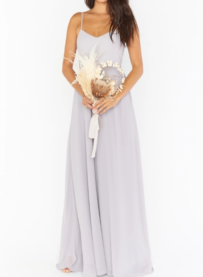 A-Line V-neck Sleeveless Chiffon Floor-Length Bridesmaid Dress 