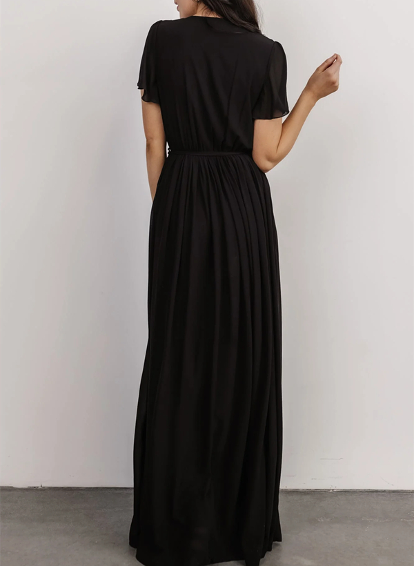 A-Linie V-Ausschnitt Kurze Ärmel Chiffon Bodenlang Brautjungfernkleid mit Schleife(n)