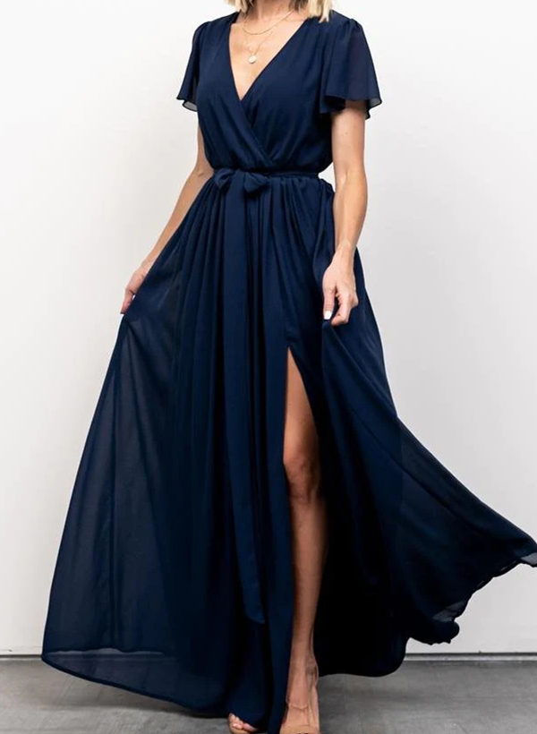 A-Line V-neck Short Sleeves Chiffon Floor-Length Bridesmaid Dress With Bow(s)