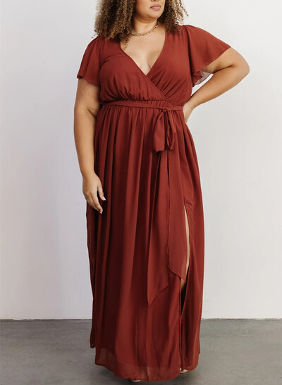 A-Line V-Neck Short Sleeves Chiffon Floor-Length Bridesmaid Dress With Bow(s)