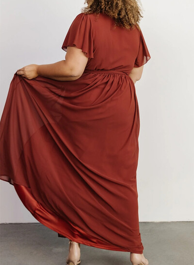 A-Line V-Neck Short Sleeves Chiffon Floor-Length Bridesmaid Dress With Bow(s)