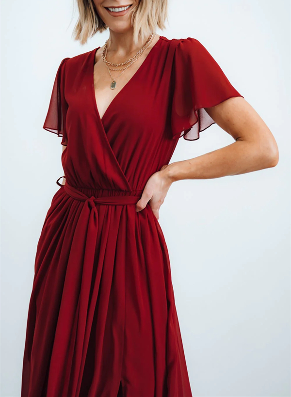 A-Line V-neck Short Sleeves Chiffon Floor-Length Bridesmaid Dress With Bow(s)