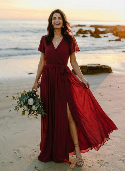 A-Line V-Neck Short Sleeves Chiffon Floor-Length Bridesmaid Dress With Bow(s)