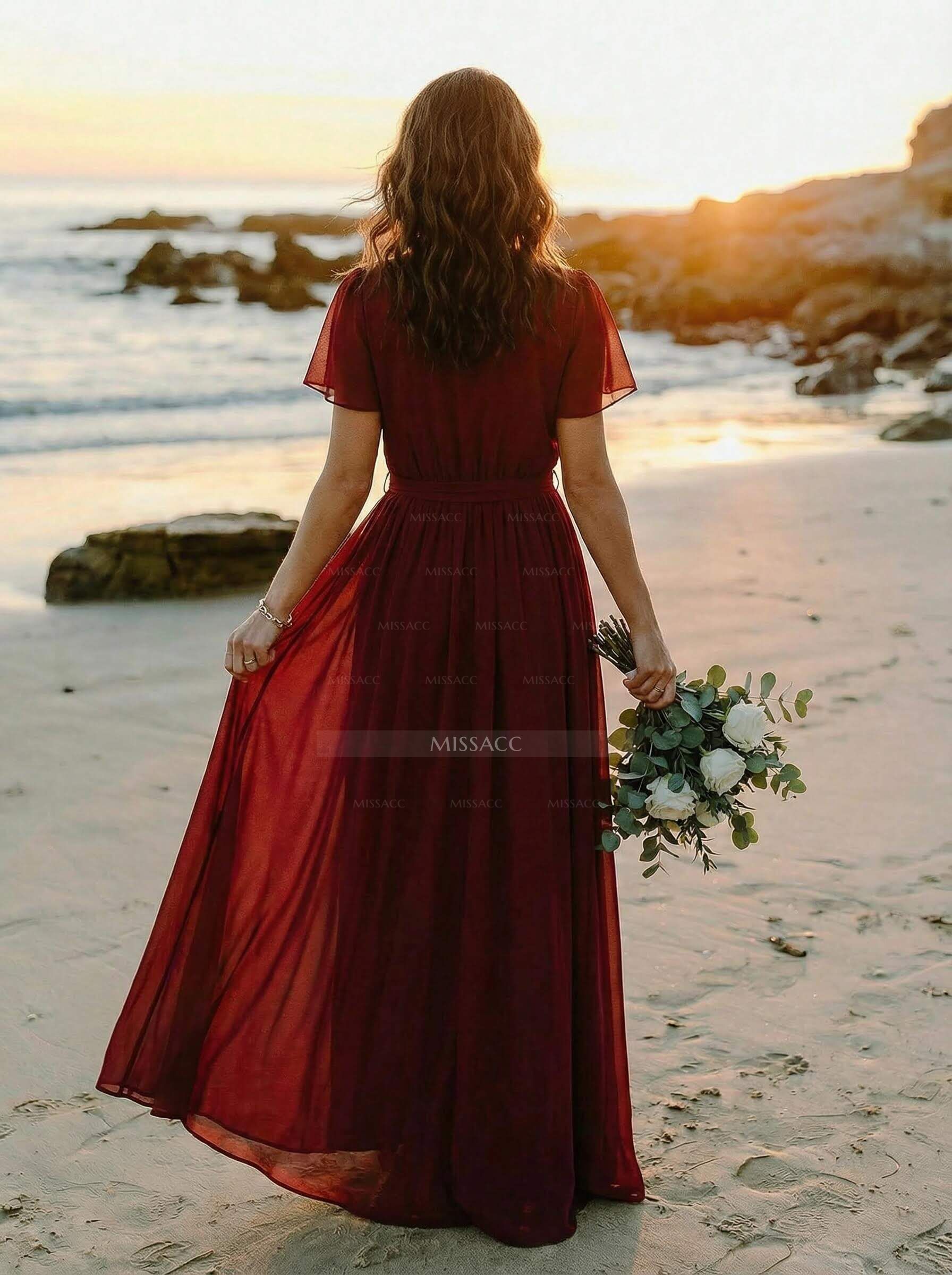 A-Line V-Neck Short Sleeves Chiffon Floor-Length Bridesmaid Dress With Bow(s)