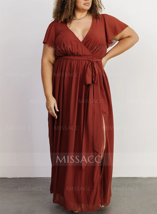 A-Line V-Neck Short Sleeves Chiffon Floor-Length Bridesmaid Dress With Bow(s)