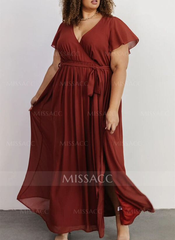 A-Line V-Neck Short Sleeves Chiffon Floor-Length Bridesmaid Dress With Bow(s)