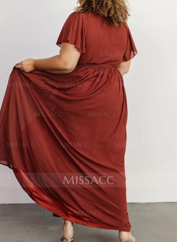 A-Line V-Neck Short Sleeves Chiffon Floor-Length Bridesmaid Dress With Bow(s)