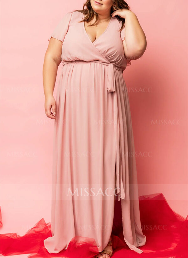 A-Line V-Neck Short Sleeves Chiffon Floor-Length Bridesmaid Dress With Bow(s)