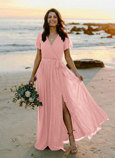 A-Line V-Neck Short Sleeves Chiffon Floor-Length Bridesmaid Dress With Bow(s)