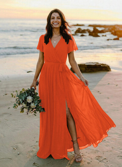 A-Line V-Neck Short Sleeves Chiffon Floor-Length Bridesmaid Dress With Bow(s)