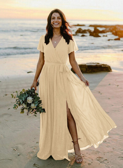 A-Line V-Neck Short Sleeves Chiffon Floor-Length Bridesmaid Dress With Bow(s)