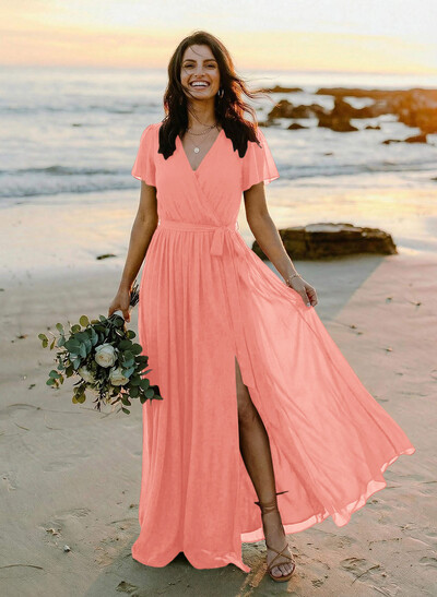 A-Line V-Neck Short Sleeves Chiffon Floor-Length Bridesmaid Dress With Bow(s)