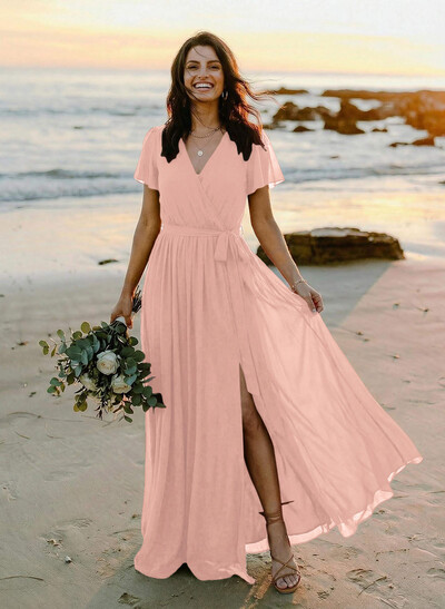 A-Line V-Neck Short Sleeves Chiffon Floor-Length Bridesmaid Dress With Bow(s)