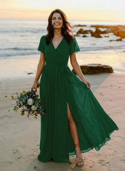 A-Line V-Neck Short Sleeves Chiffon Floor-Length Bridesmaid Dress With Bow(s)