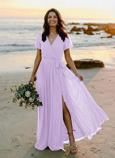A-Line V-Neck Short Sleeves Chiffon Floor-Length Bridesmaid Dress With Bow(s)