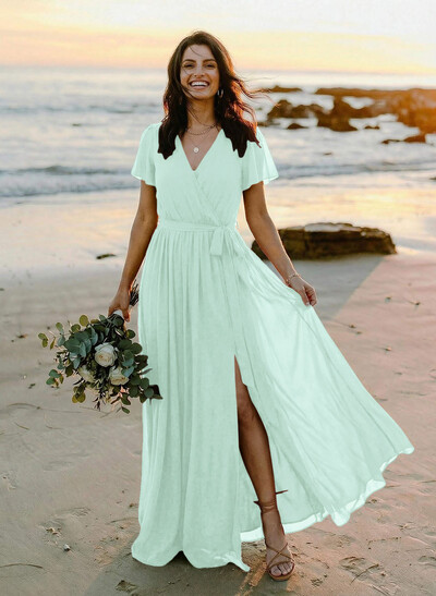 A-Line V-Neck Short Sleeves Chiffon Floor-Length Bridesmaid Dress With Bow(s)