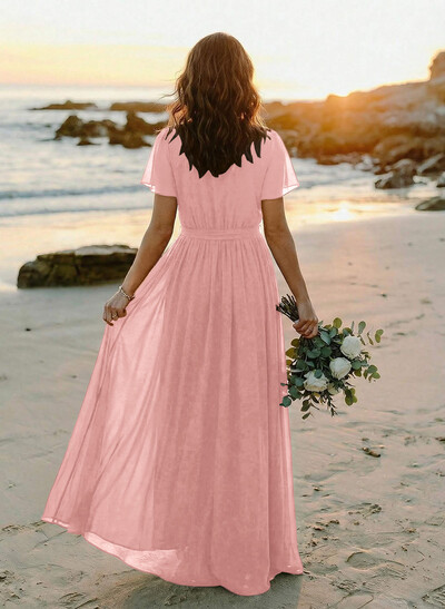 A-Line V-Neck Short Sleeves Chiffon Floor-Length Bridesmaid Dress With Bow(s)