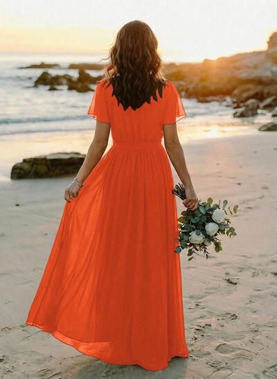 A-Line V-Neck Short Sleeves Chiffon Floor-Length Bridesmaid Dress With Bow(s)