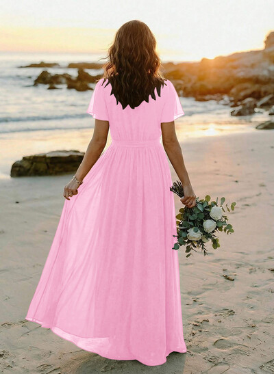 A-Line V-Neck Short Sleeves Chiffon Floor-Length Bridesmaid Dress With Bow(s)