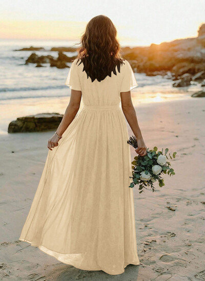 A-Line V-Neck Short Sleeves Chiffon Floor-Length Bridesmaid Dress With Bow(s)