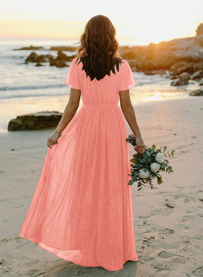 A-Line V-Neck Short Sleeves Chiffon Floor-Length Bridesmaid Dress With Bow(s)