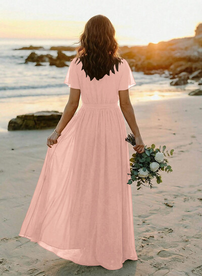 A-Line V-Neck Short Sleeves Chiffon Floor-Length Bridesmaid Dress With Bow(s)