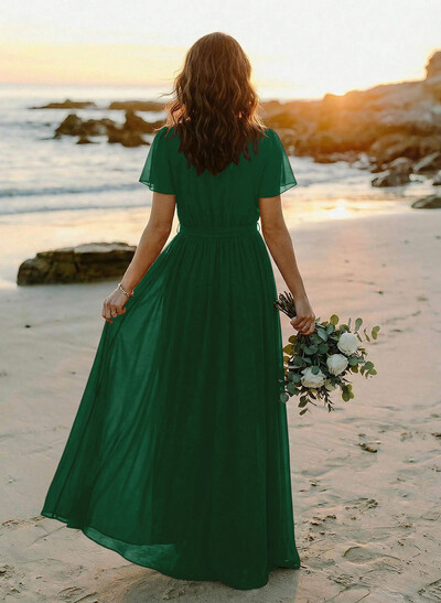 A-Line V-Neck Short Sleeves Chiffon Floor-Length Bridesmaid Dress With Bow(s)