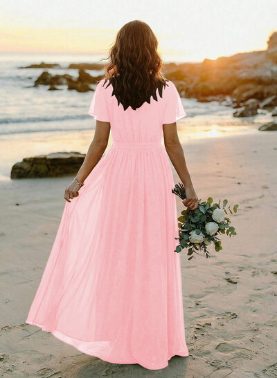 A-Line V-Neck Short Sleeves Chiffon Floor-Length Bridesmaid Dress With Bow(s)