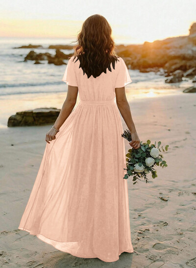 A-Line V-Neck Short Sleeves Chiffon Floor-Length Bridesmaid Dress With Bow(s)