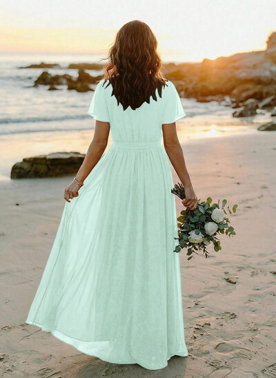 A-Line V-Neck Short Sleeves Chiffon Floor-Length Bridesmaid Dress With Bow(s)