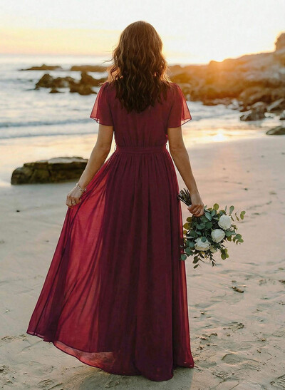 A-Line V-Neck Short Sleeves Chiffon Floor-Length Bridesmaid Dress With Bow(s)