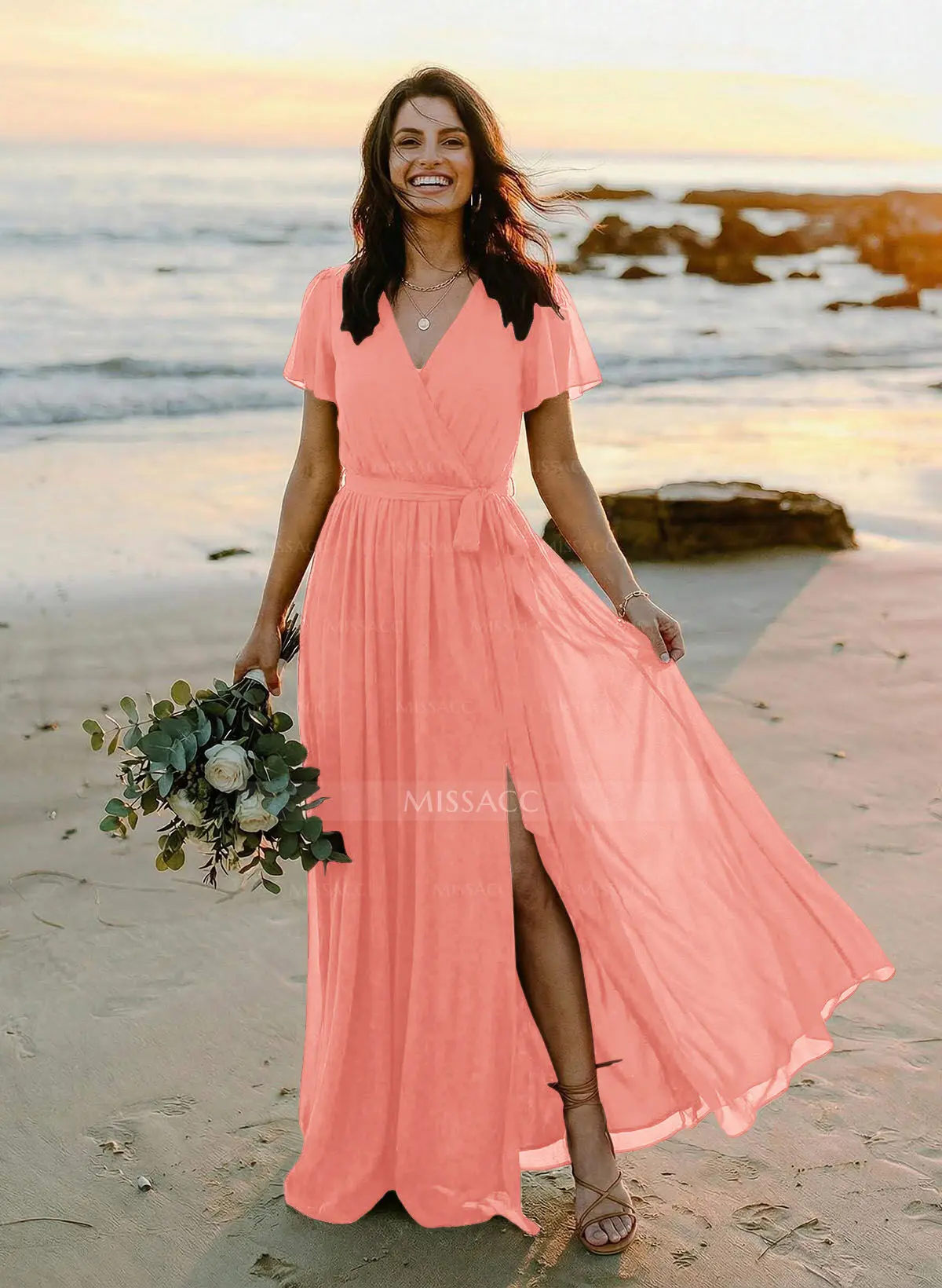 A-Line V-Neck Short Sleeves Chiffon Floor-Length Bridesmaid Dress With Bow(s) #SBD10224 $70