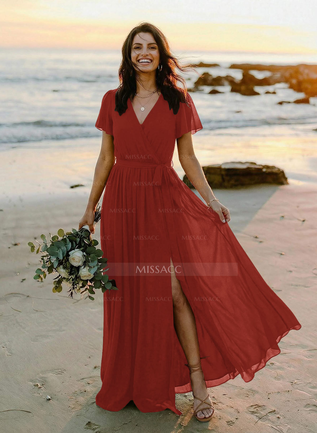 A-Line V-Neck Short Sleeves Chiffon Floor-Length Bridesmaid Dress With Bow(s)