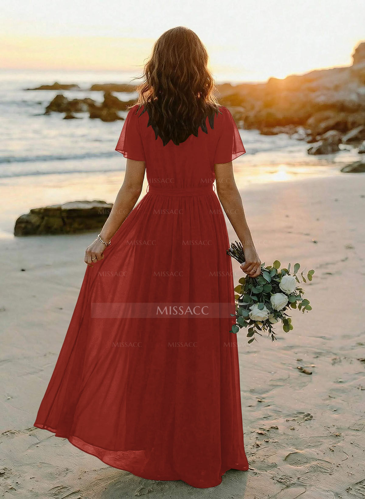 A-Line V-Neck Short Sleeves Chiffon Floor-Length Bridesmaid Dress With Bow(s)