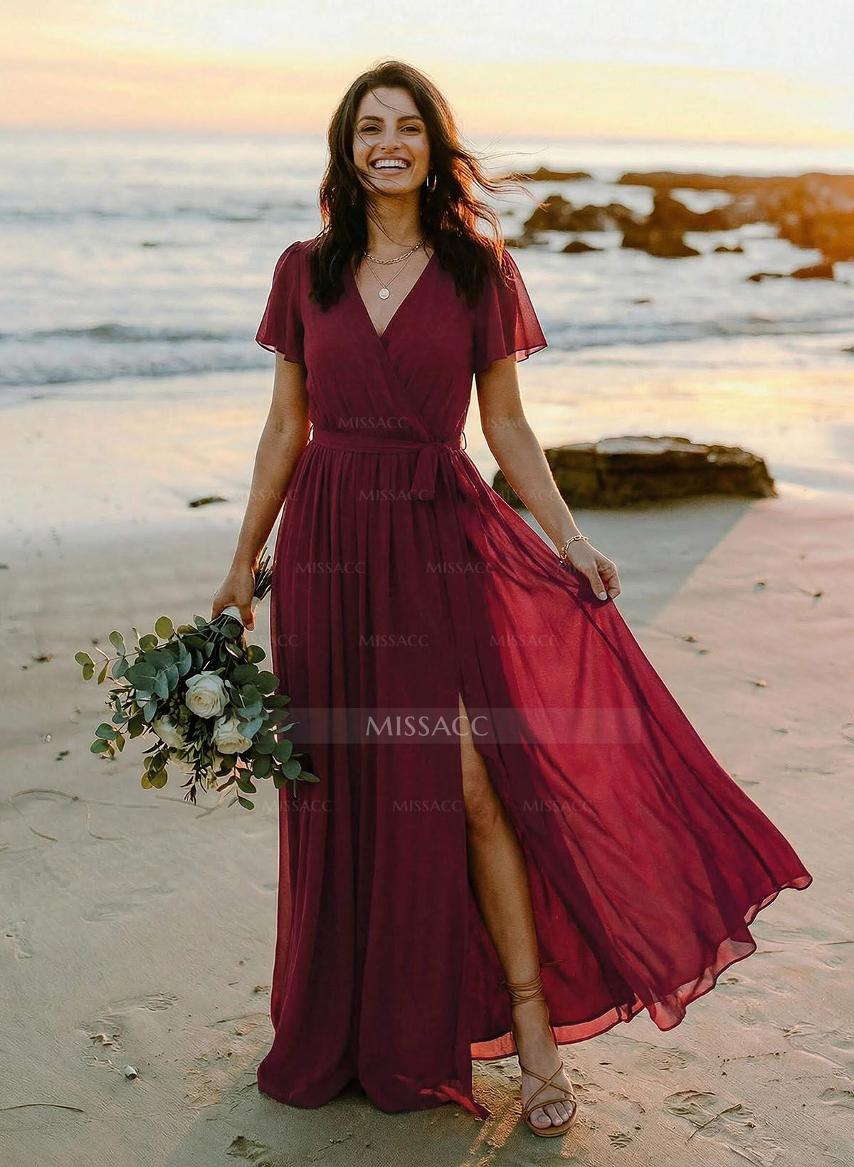 A-Line V-Neck Short Sleeves Chiffon Floor-Length Bridesmaid Dress With Bow(s)