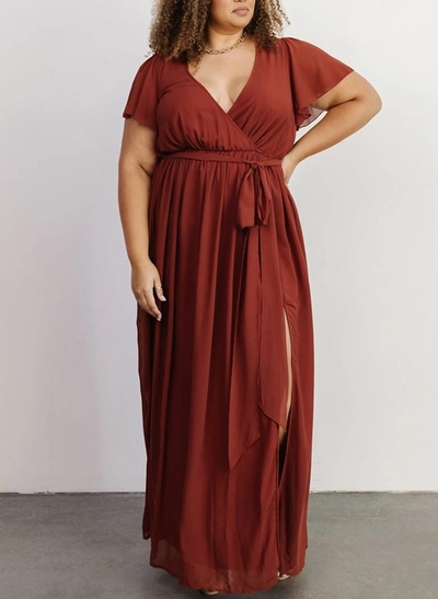 A-Line V-Neck Short Sleeves Chiffon Floor-Length Bridesmaid Dress With Bow(s)