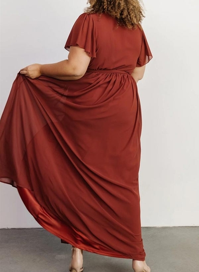 A-Line V-Neck Short Sleeves Chiffon Floor-Length Bridesmaid Dress With Bow(s)