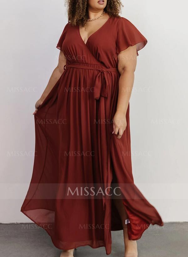 A-Line V-Neck Short Sleeves Chiffon Floor-Length Bridesmaid Dress With Bow(s)