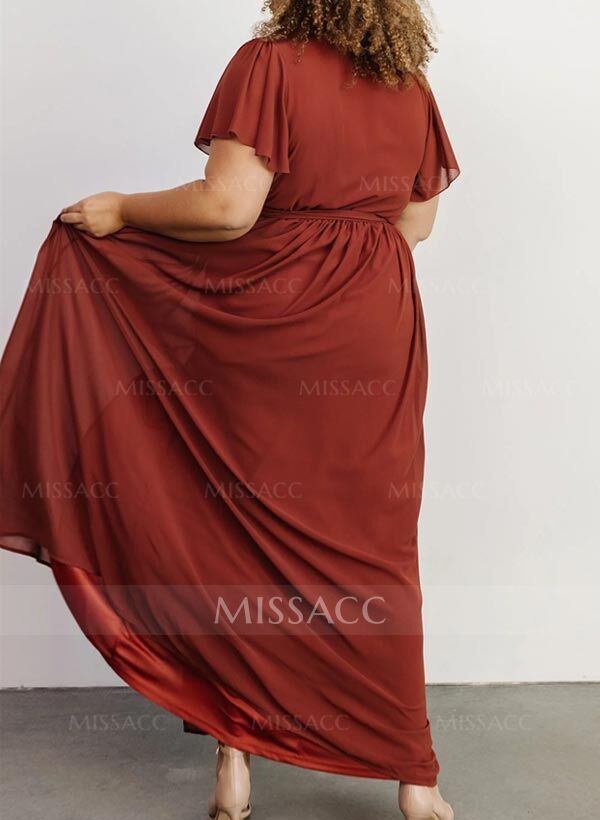A-Line V-Neck Short Sleeves Chiffon Floor-Length Bridesmaid Dress With Bow(s)