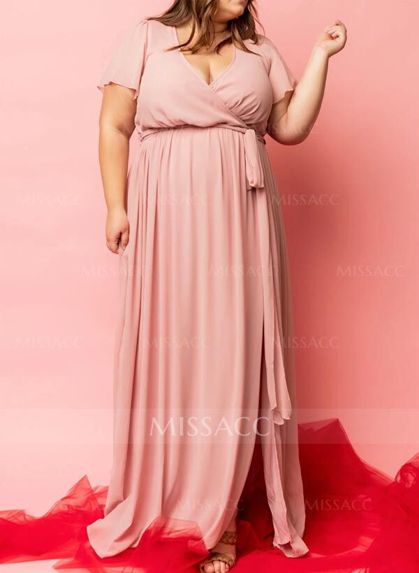 A-Line V-Neck Short Sleeves Chiffon Floor-Length Bridesmaid Dress With Bow(s)