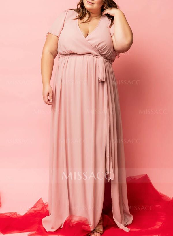A-Line V-Neck Short Sleeves Chiffon Floor-Length Bridesmaid Dress With Bow(s)